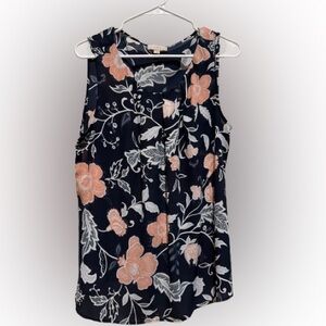 LOFT Navy and Peach Floral Blouse L